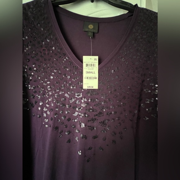 JM Collection Red Hot Holiday Purple Sequined Top Size Small - Picture 2 of 5